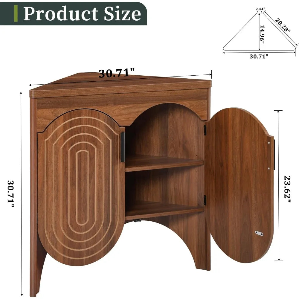 Small Corner Storage Cabinet, Mid Century Modern Floor Corner Cabinet with Curved Doors and Adjustable Shelves，Freestanding Narr