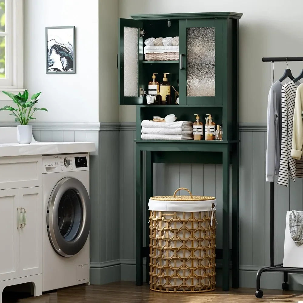 Over the Toilet Storage Cabinet with Glass Doors and Adjustable Shelf
