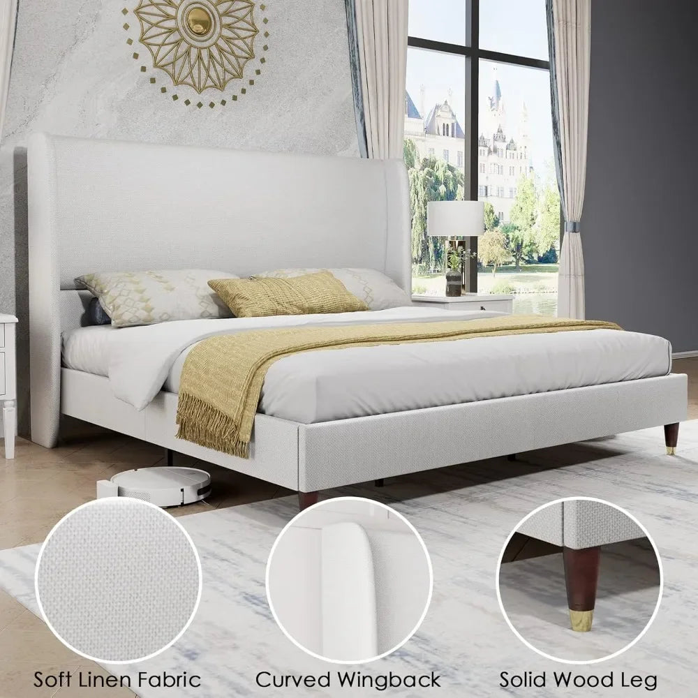 King Platform Bed Frame 51.2" High Headboard Tall Upholstered Bed/No Box Spring Required/Wood Slat Support Assembly