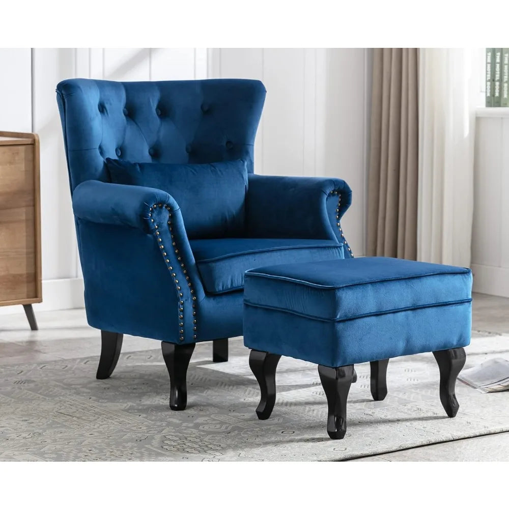Mid-Century Velvet Tufted Wingback Chair with Ottoman, Padded Accent Seat for Home Living and Bedroom Spaces