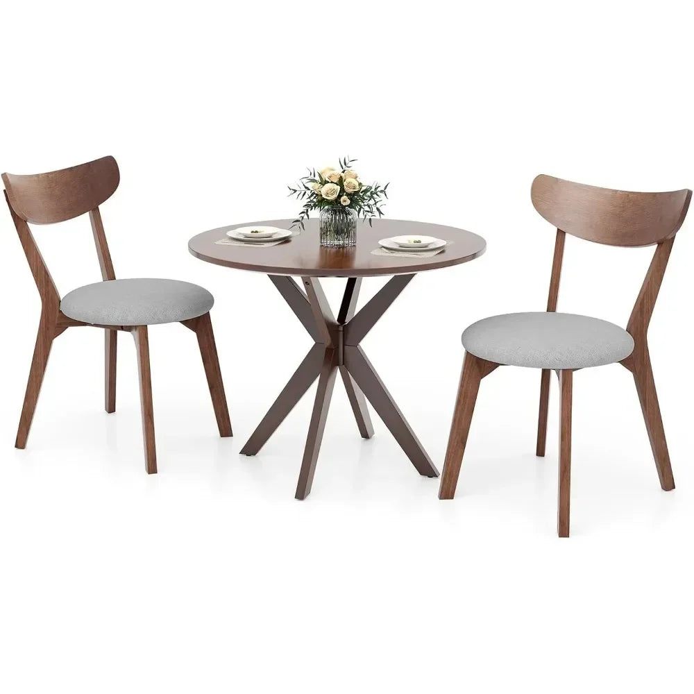 Dining Table Set for 2, Small Kitchen Table Chairs Set of 2, Mid-Century Wooden Round Dining Table and Two Dining Chairs