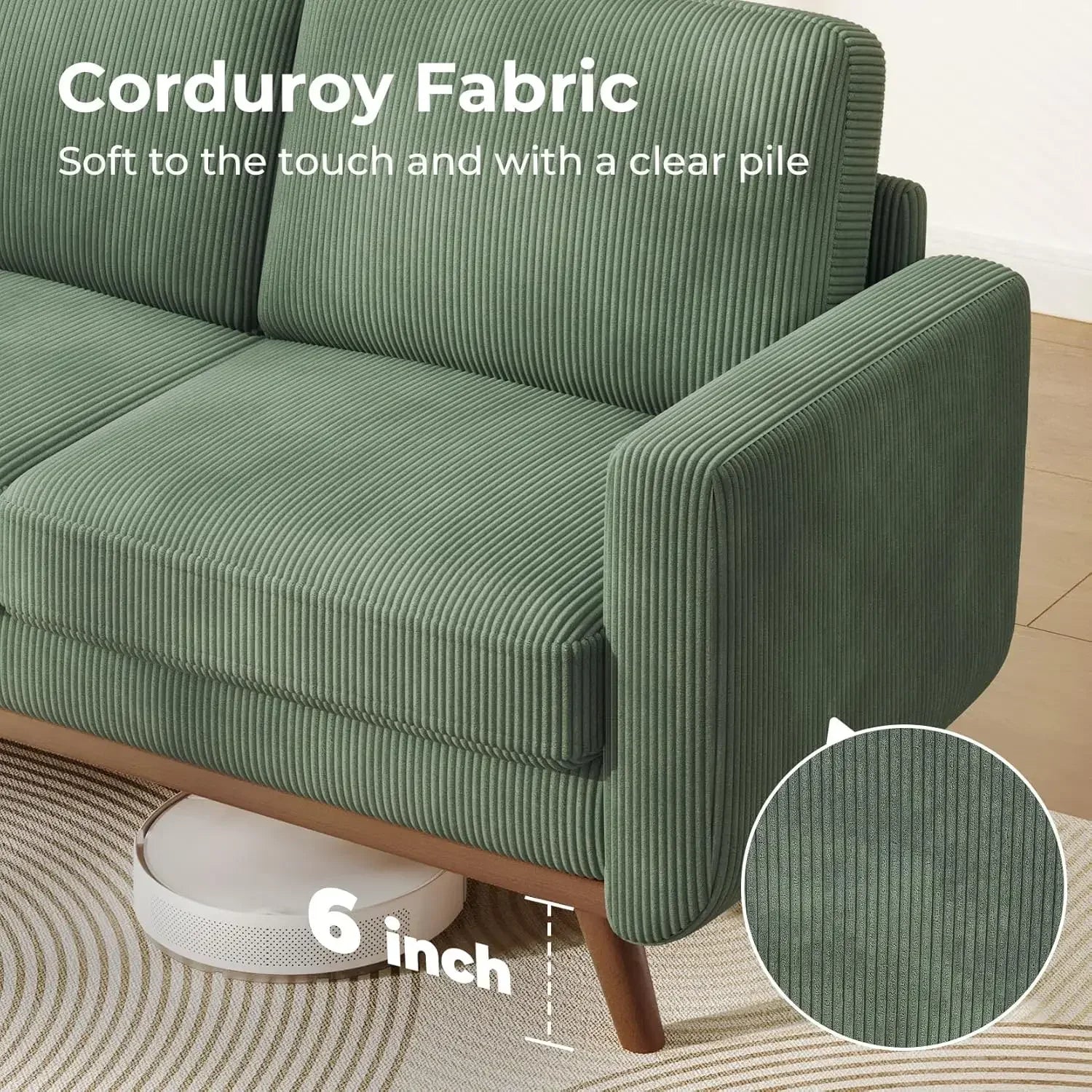 Bedroom & Living Room，68" Loveseat Sofa - Green, Comfy Corduroy with Spring Cushion, Solid Wood Frame, Modern Deep Seat