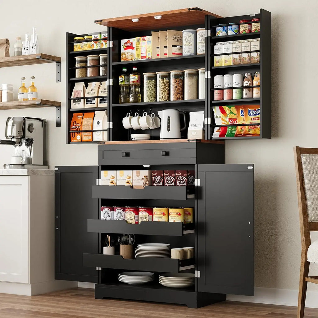 72" Kitchen Pantry Cabinet, Farmhouse Large Kitchen Storage Cabinet with Slide Out Rack & 8 Door Organizer