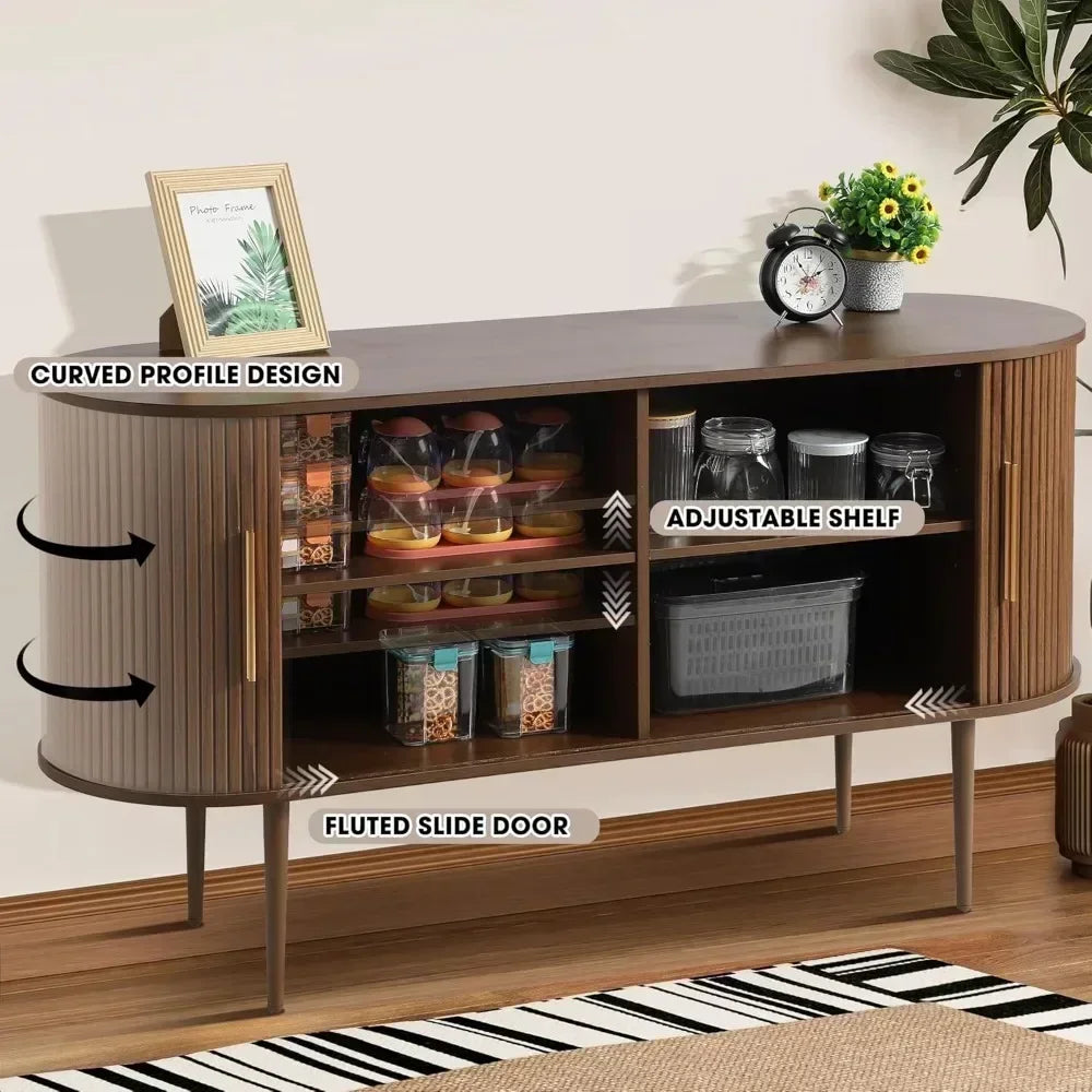 55" Sideboard Buffet with Fluted Slide Doors, Tambour Storage Cabinet with Shelves, Modern Credenza for Living Room