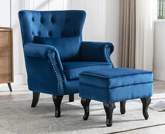 Mid-Century Velvet Tufted Wingback Chair with Ottoman, Padded Accent Seat for Home Living and Bedroom Spaces