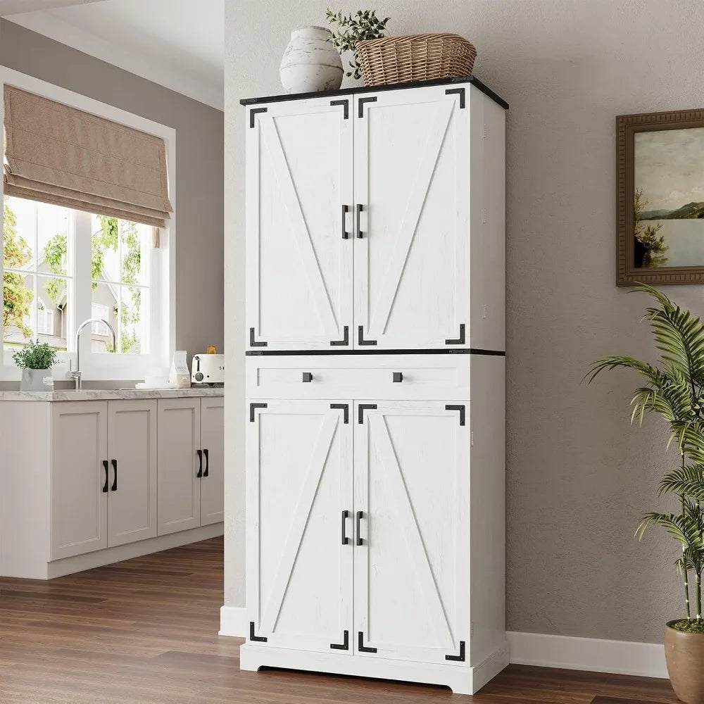 72" Kitchen Pantry Cabinet, Farmhouse Large Kitchen Storage Cabinet with Slide Out Rack & 8 Door Organizer