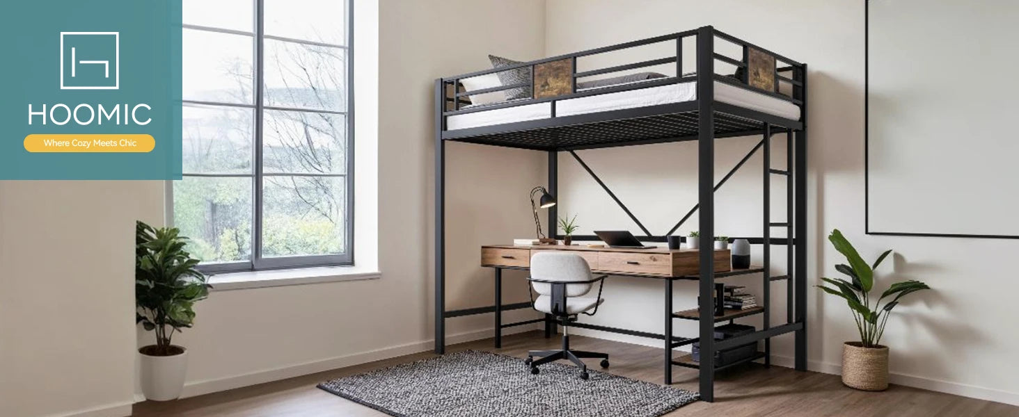 HOOMIC Twin Size Loft Bed Frame with Full Length Guardrail, Space-Saving, Sturdy Metal Construction, Easy Assembly Black Allewie