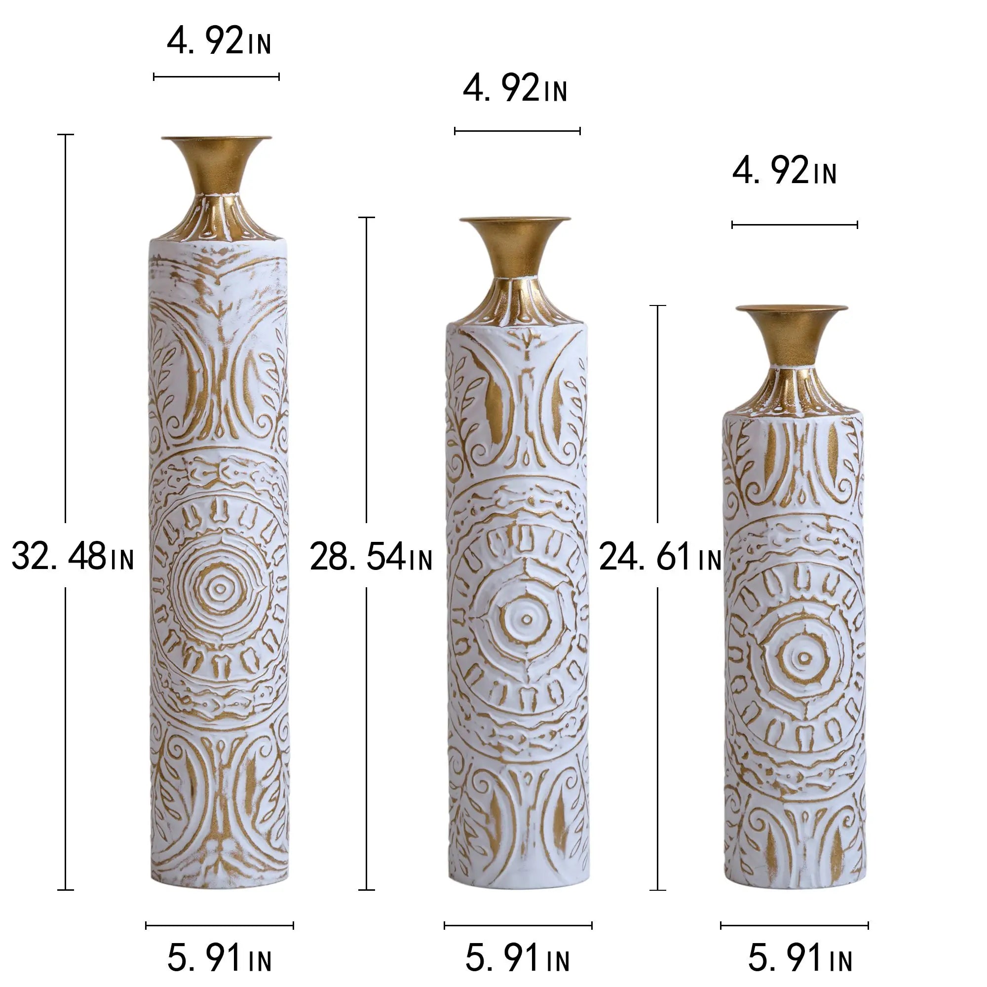 Home Decoration Set 3 White Glazed Metal Vases 24in/28.7in/33.5in Height Elegant Floor Decor