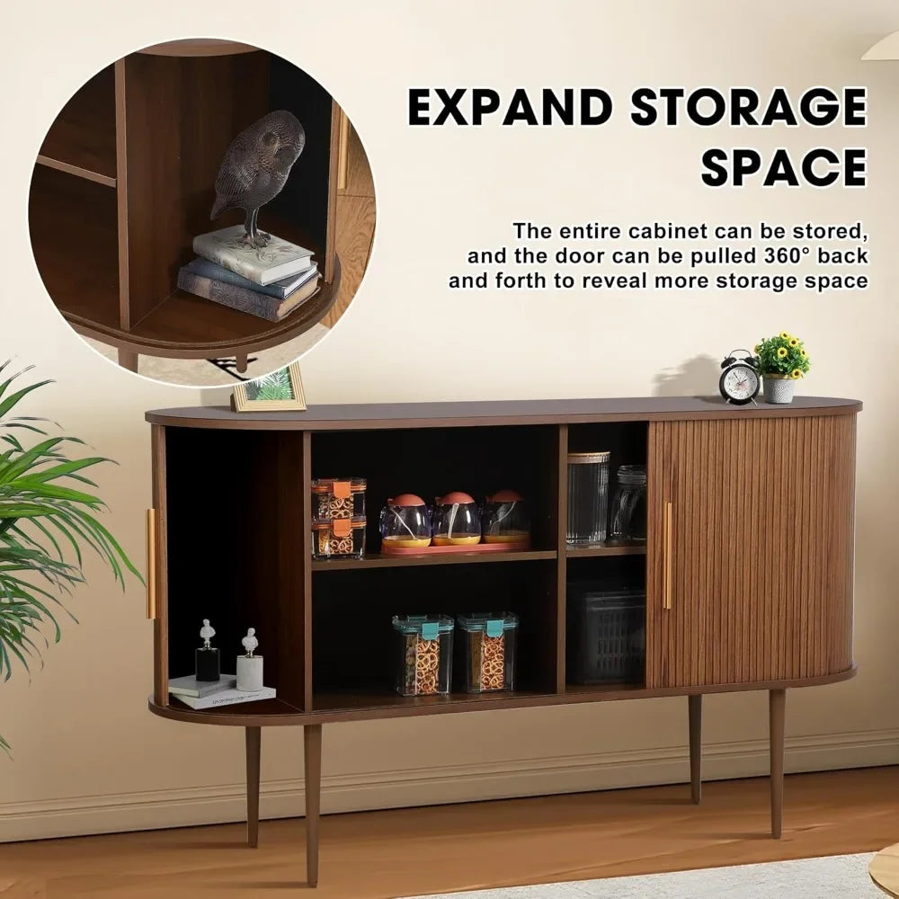 55" Sideboard Buffet with Fluted Slide Doors, Tambour Storage Cabinet with Shelves, Modern Credenza for Living Room