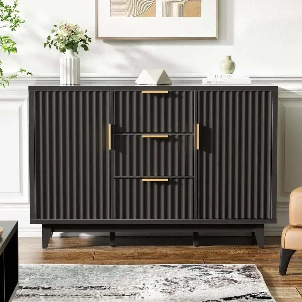 47.2" W Storage Cabinet with 3 Drawers, Fluted Buffet with Storage, Large Sideboard with 2 Door, Modern Mid Century TV Stand