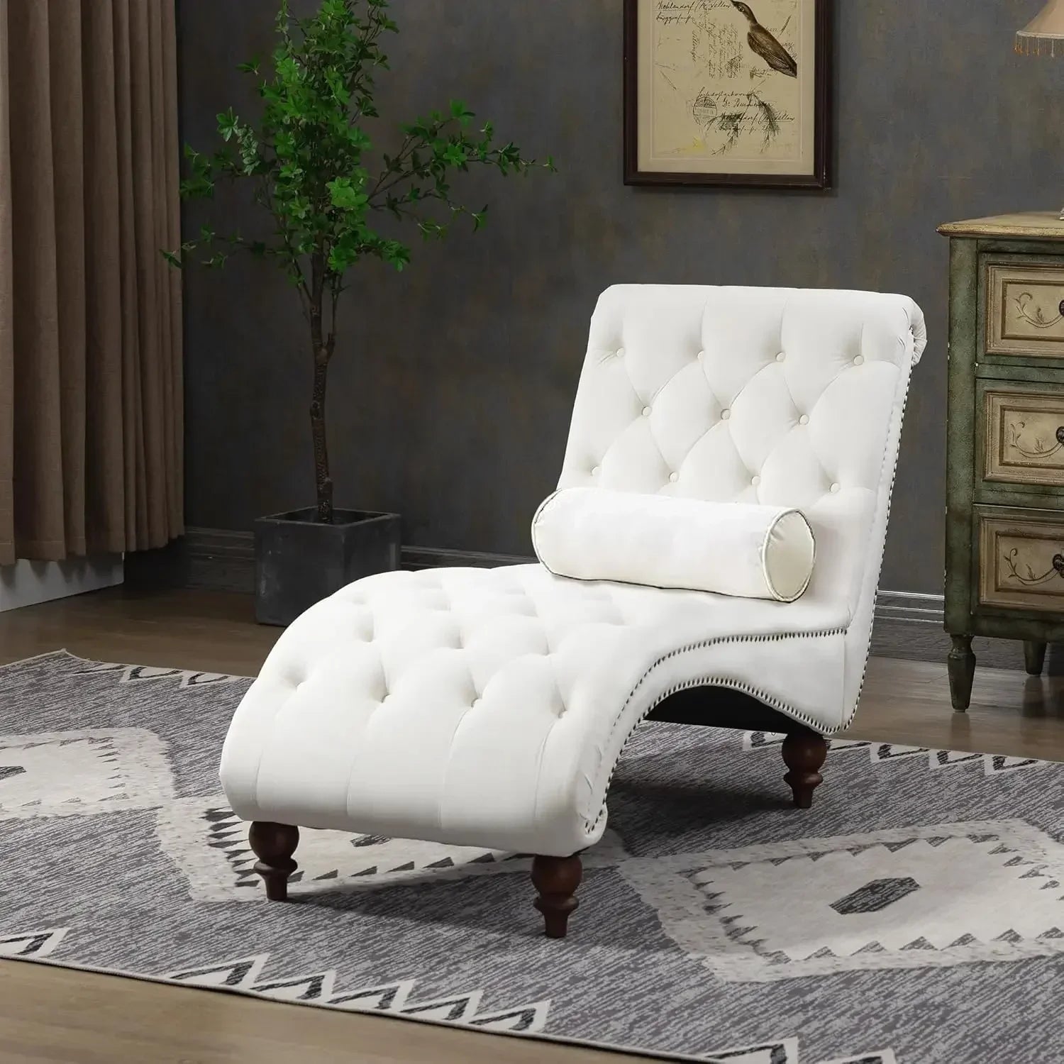 Velvet Button-Tufted Chaise Lounge Chair Indoor with Pillow Upholstered Modern Furniture for Bedroom Living Room Office
