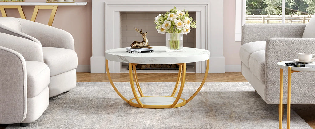 32" Circle Marble Coffee Tables, 2-Tier Golden Metal Legs Accent Center Table with Open Storage Modern Design