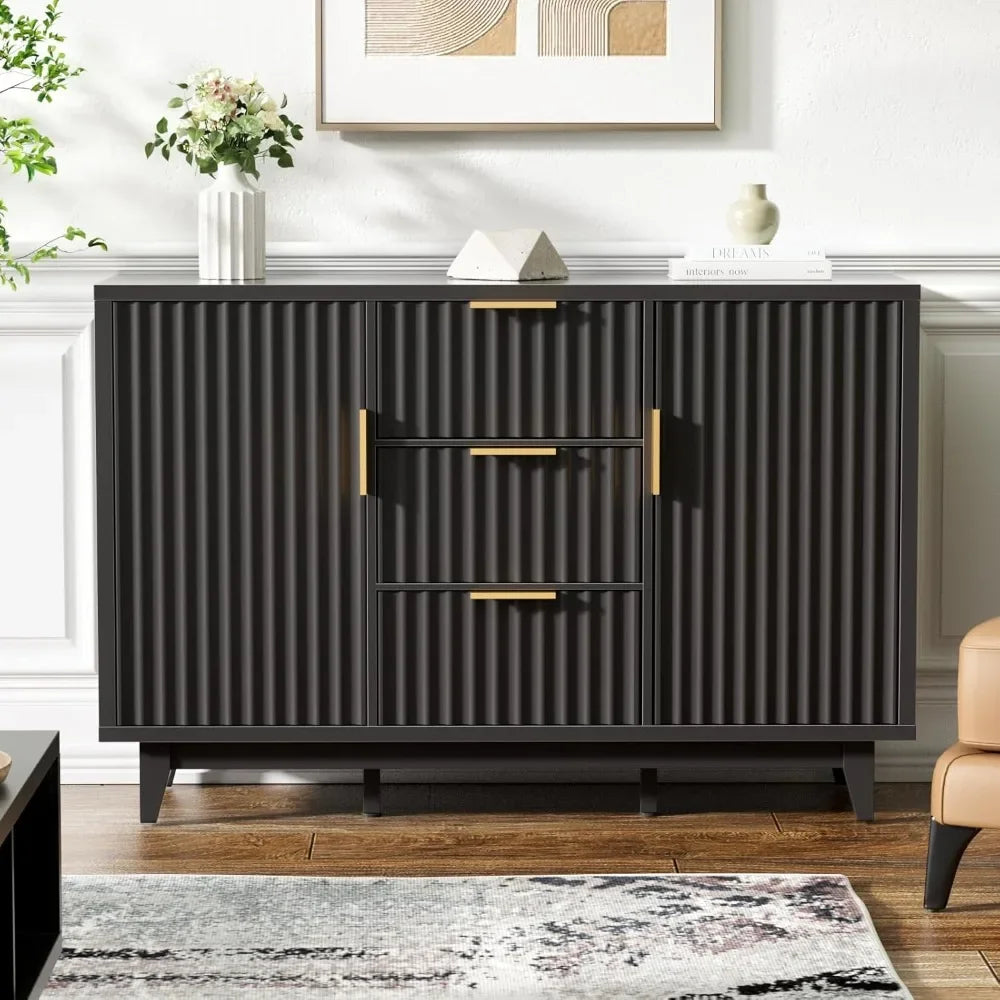 47.2" W Storage Cabinet with 3 Drawers, Fluted Buffet with Storage, Large Sideboard with 2 Door, Modern Mid Century TV Stand