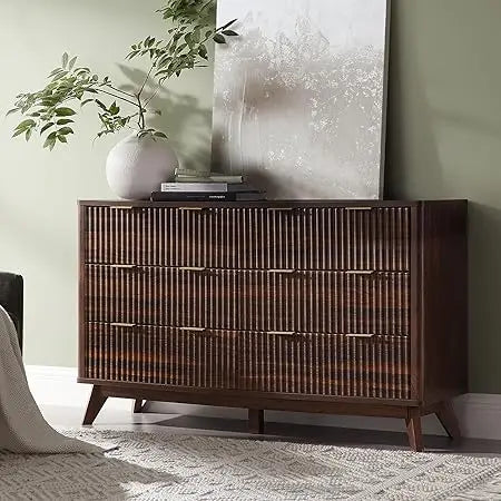 Fluted 6 Drawers Dresser, 54" Wide Modern Chest of Drawers with Faux Marble Top, Curved Profile Design, Dresser TV Stand, Wood