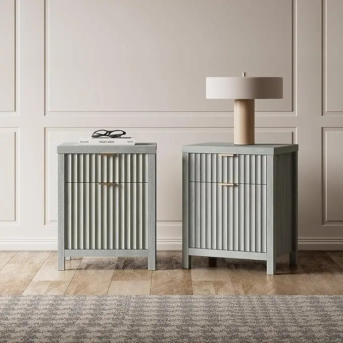 Night Stand Set 2, Fluted Nightstand with Charging Station, Modern End Table with 2 Drawers, Bed Side Tables Set