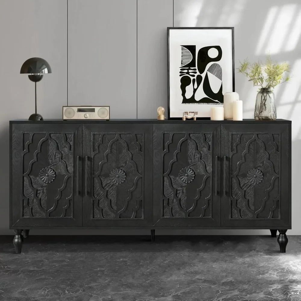 Sideboard Buffet Credenzas for Living Room, 63" Antique Entryway Table with Storage Accent Cabinet, Carved Flowers Doors