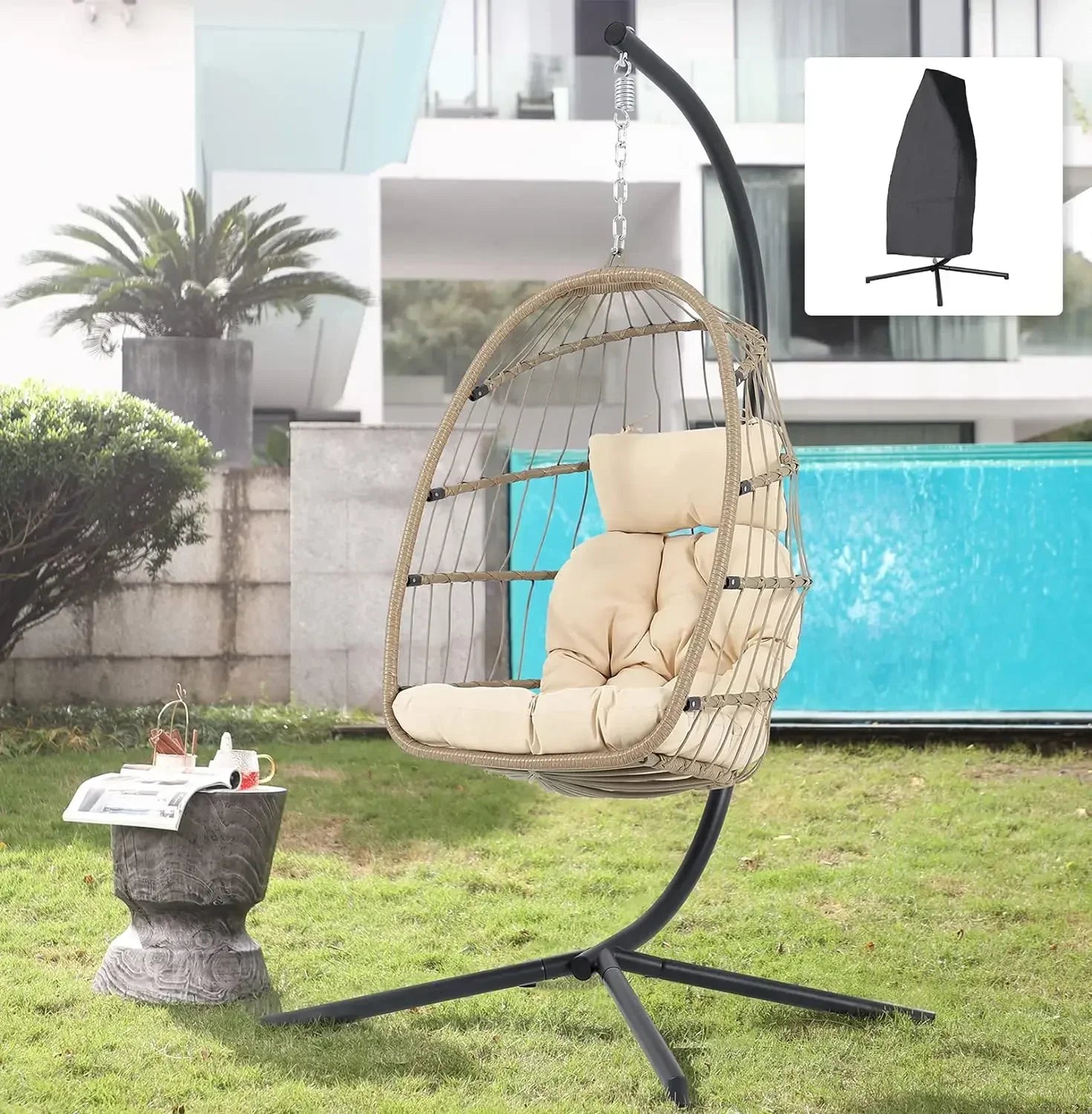 Indoor/Outdoor Egg Swing Chair With or Without Stand, Patio Wicker Rattan Hanging Chair w/Cushion, 350lbs Capacity