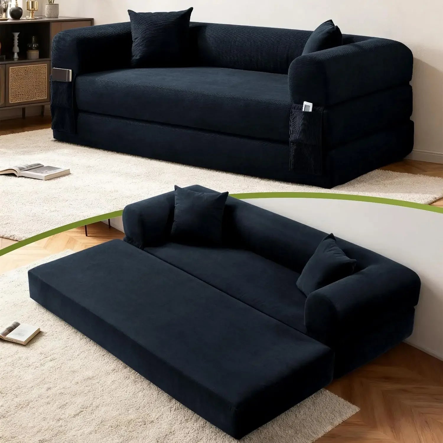 Corduroy Queen Sleeper Sofa Bed 80' Convertible Couch with Storage Pocket And Pillows Folding Pull-out Design No Assembly