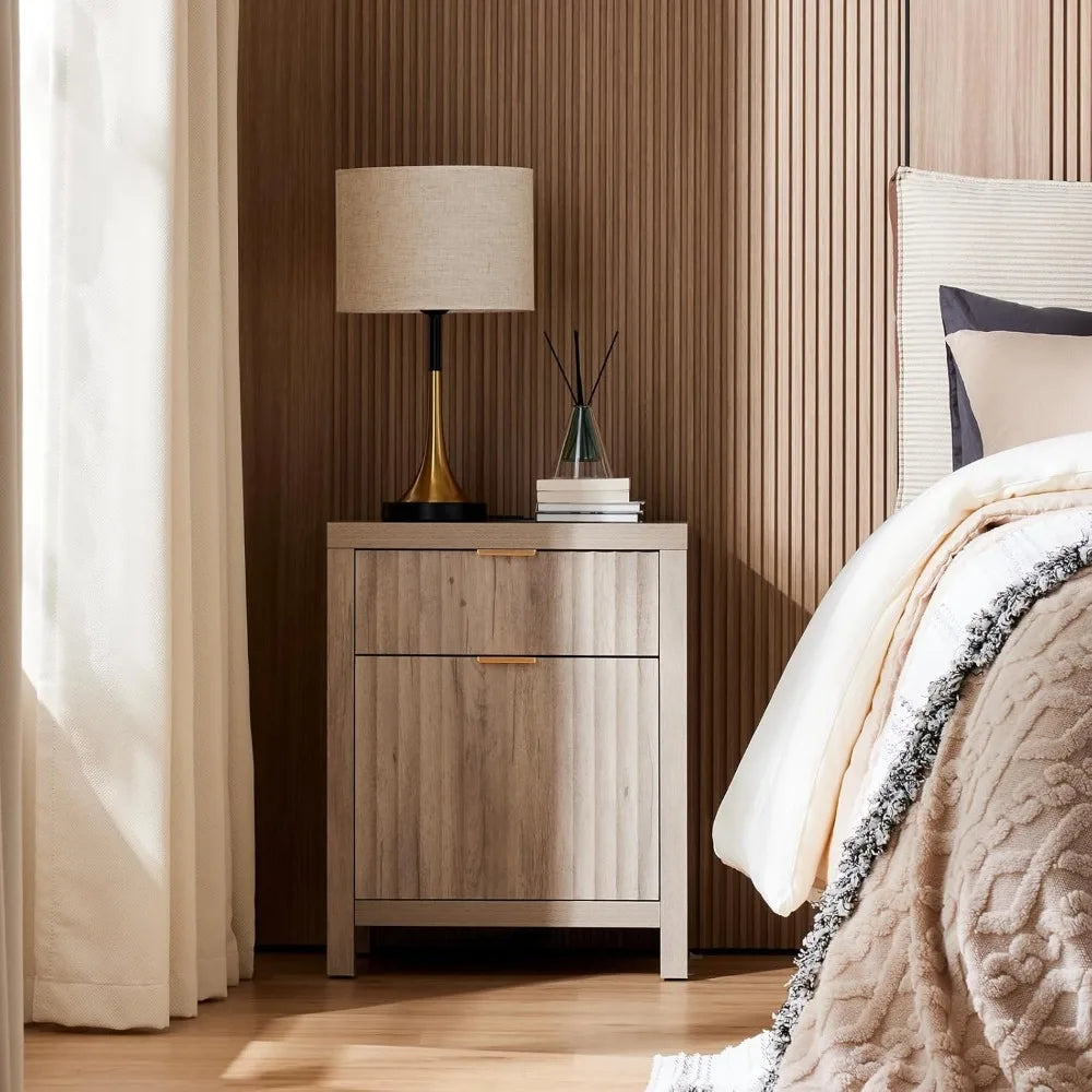 Night Stand Set 2, Fluted Nightstand with Charging Station, Modern End Table with 2 Drawers, Bed Side Tables Set