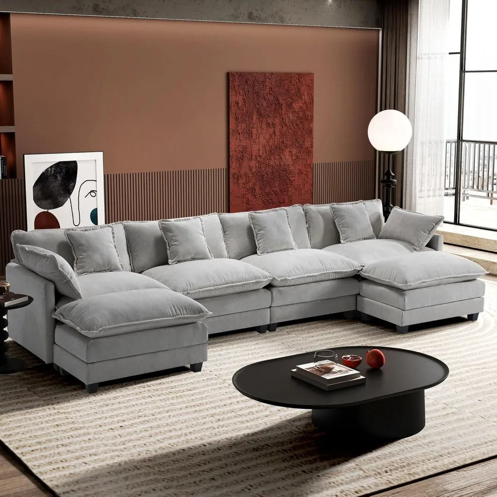 U-Shaped Modern Sofa Modular Sectional Cloud Couch with 2 Ottoman, 6-Seat Chenille Deep Seat Sofa with 6 Pillows for Living Room