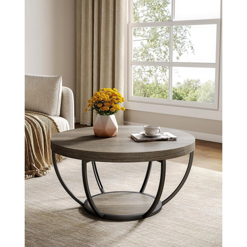 32" Circle Marble Coffee Tables, 2-Tier Golden Metal Legs Accent Center Table with Open Storage Modern Design