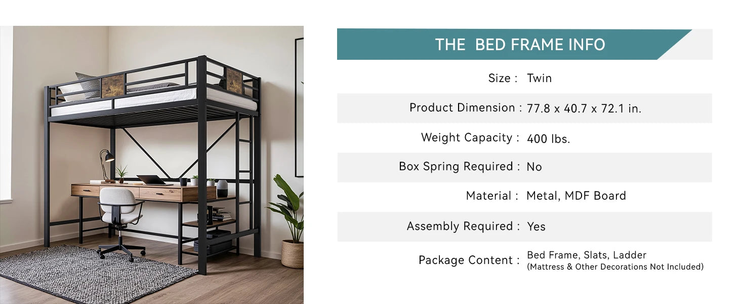 HOOMIC Twin Size Loft Bed Frame with Full Length Guardrail, Space-Saving, Sturdy Metal Construction, Easy Assembly Black Allewie