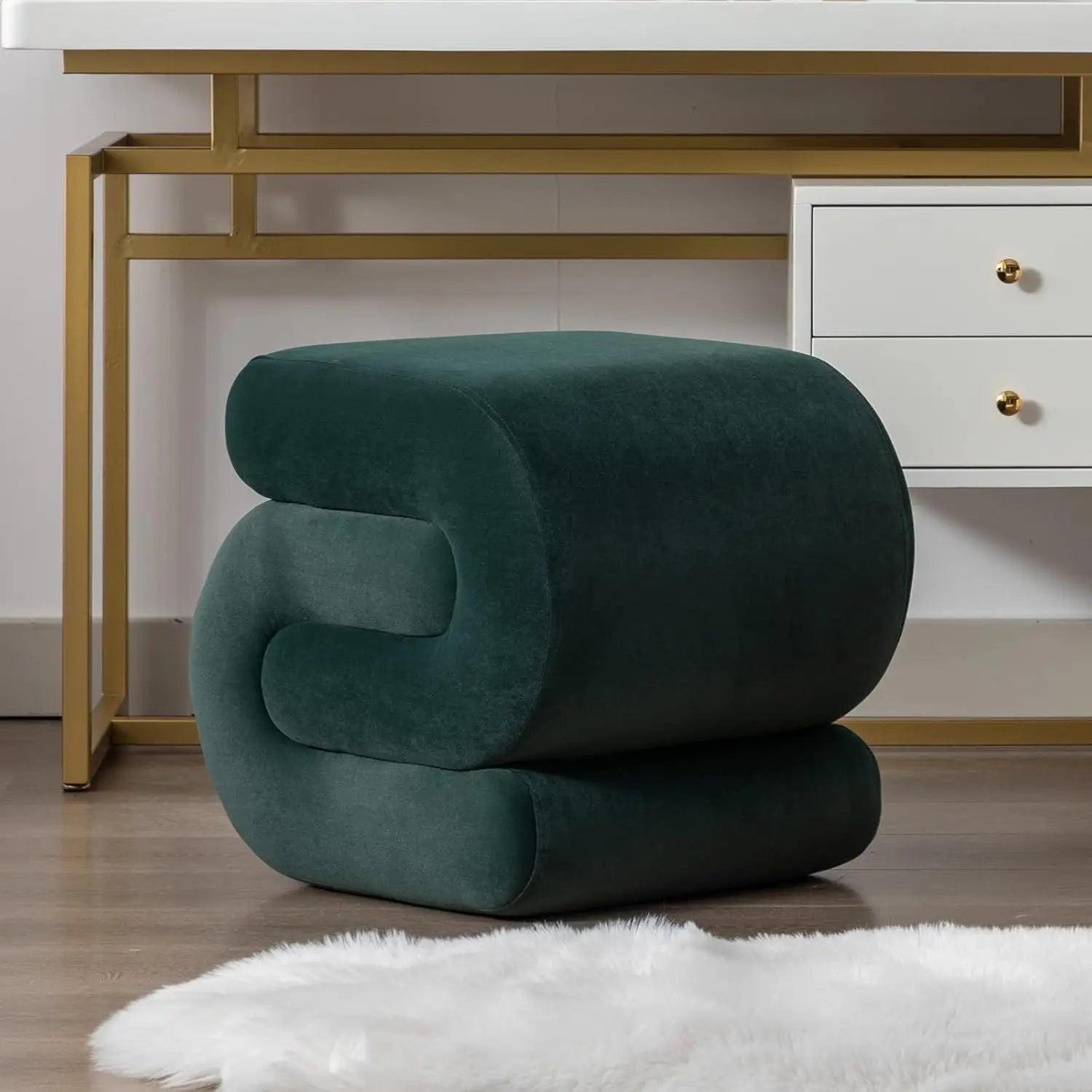 Velvet Vanity Stool, Modern S-Shaped Pouf Ottoman Footrest Makeup Chair Foot Stool Under Desk, Decorative Floor Seat for Makeup