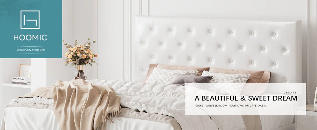 HOOMIC Bed Frame with Adjustable Diamond Tufted Headboard/Faux Leather Upholstered Platform Bed Frame