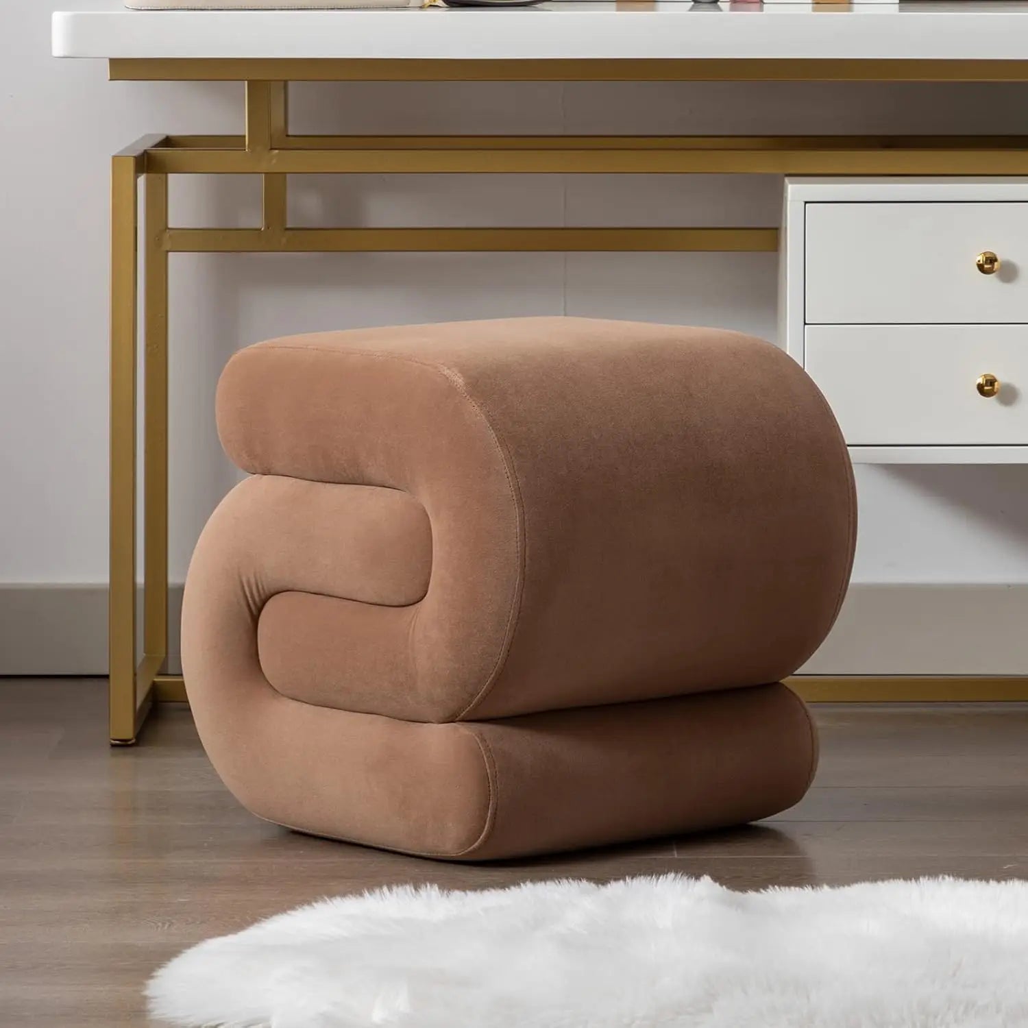 Velvet Vanity Stool, Modern S-Shaped Pouf Ottoman Footrest Makeup Chair Foot Stool Under Desk, Decorative Floor Seat for Makeup