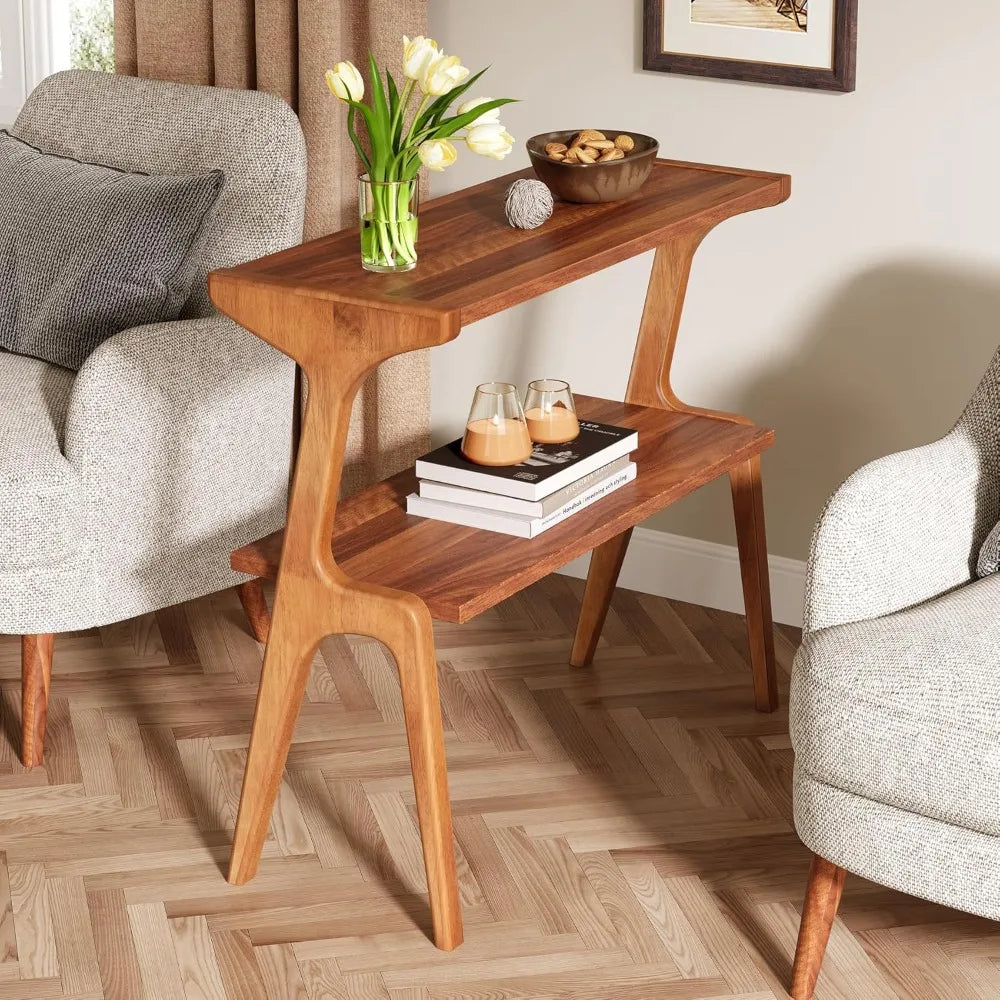 Narrow End Table, 2-level ultra-thin sofa side table with solid wood legs, bedside table with storage rack