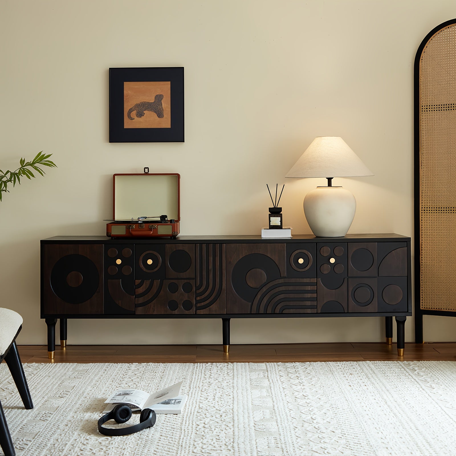 Mid-Century Modern TV Stand for 55+ Inch TVs - Black Entertainment Center with 4 Storage Cabinets, Minimalist Design, 70.87" Wide, 3.2+ Cubic Feet Capacity, 27" Height, 4-Wheel Mobility, No Power Needed, Durable Wood Construc