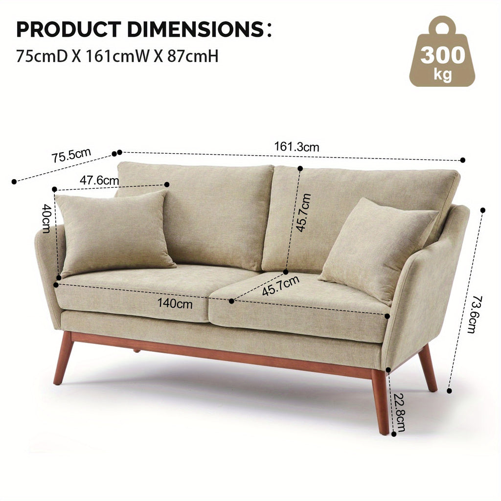 Love Seat Sofa with Solid Wood Frame & Linen Upholstery - Mid-Century Modern Minimalist Design, 2 Cushioned Seats & 2 Pillows