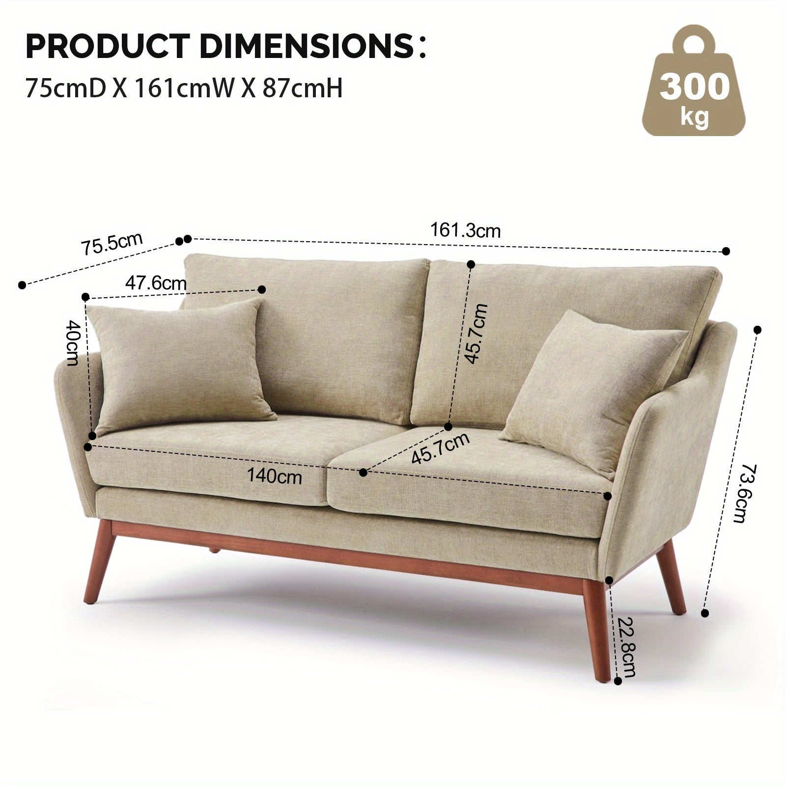 Love Seat Sofa with Solid Wood Frame & Linen Upholstery - Mid-Century Modern Minimalist Design, 2 Cushioned Seats & 2 Pillows