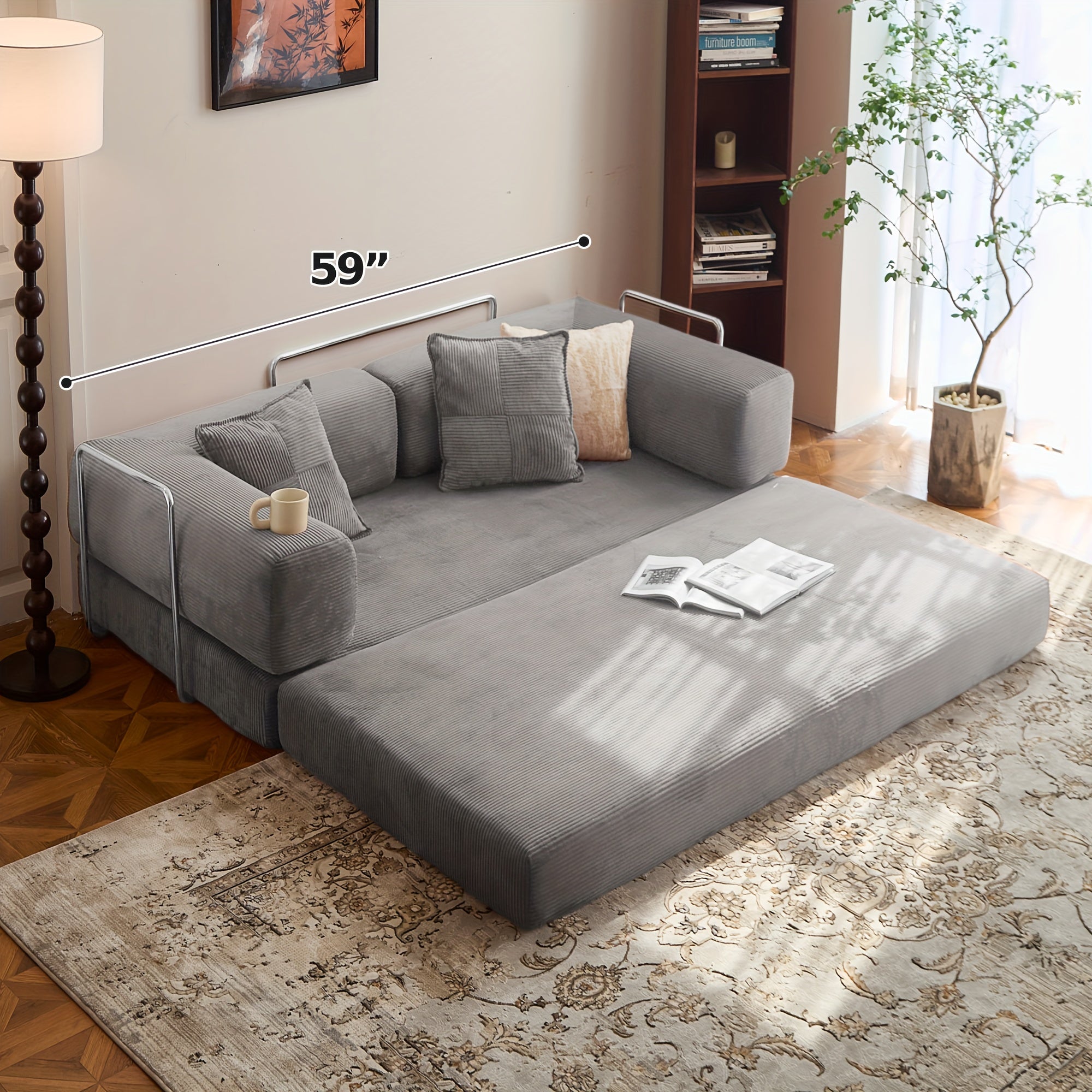 Modern Convertible Sofa Bed - Modular Sectional Floor Couch with Memory Foam Cushions, Corduroy Upholstery & Stainless Frame, 4-in-1 Configurable Space-Saving Design for Small Apartments, Easy Assembly (No Tools) -