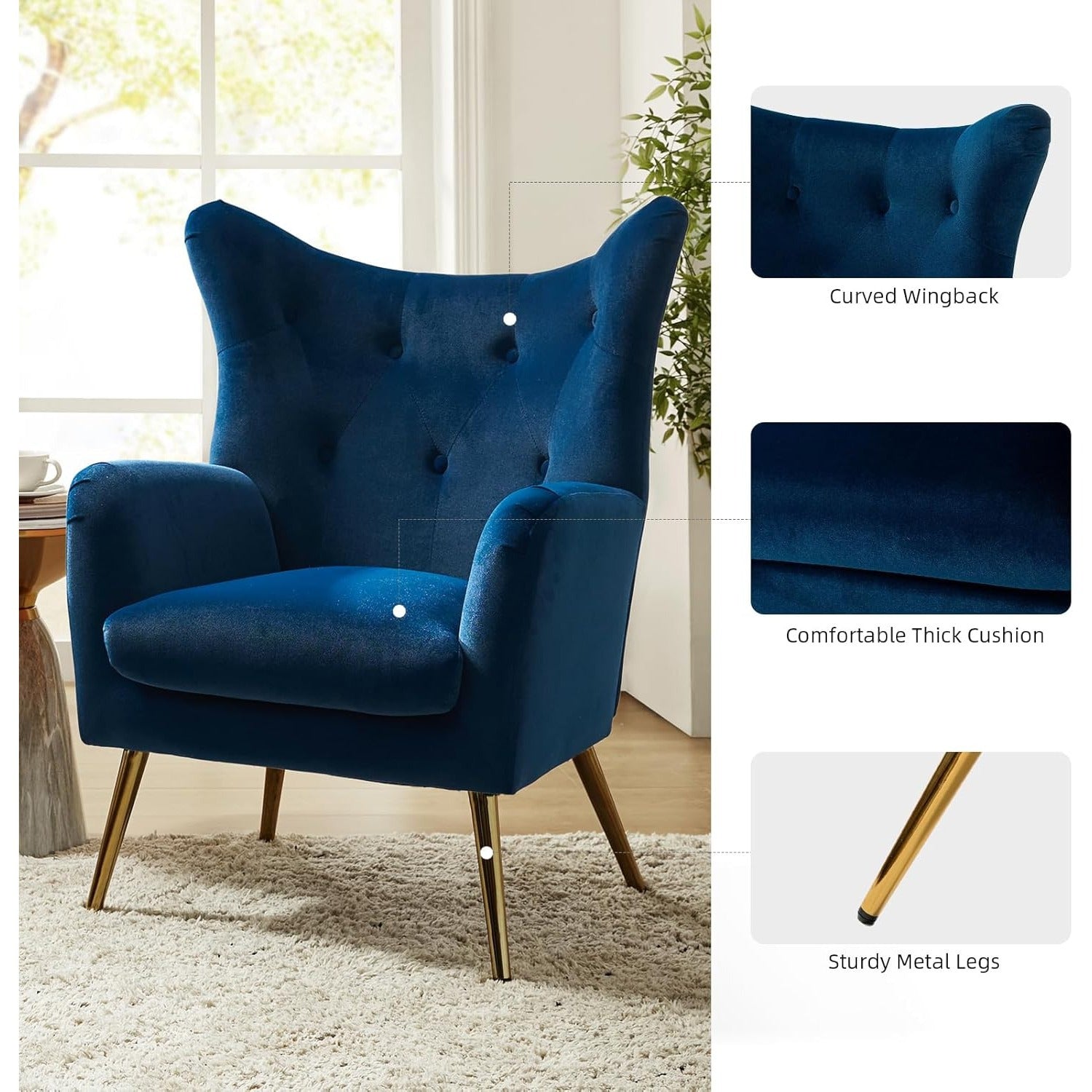 Modern Velvet Wingback Arm Chair with Golden Metal Legs - Tufted Upholstered Accent Chair in Blue/Yellow, Wood Frame, Perfect for Living Room, Bedroom, or Dining Room, Chair for Living Room