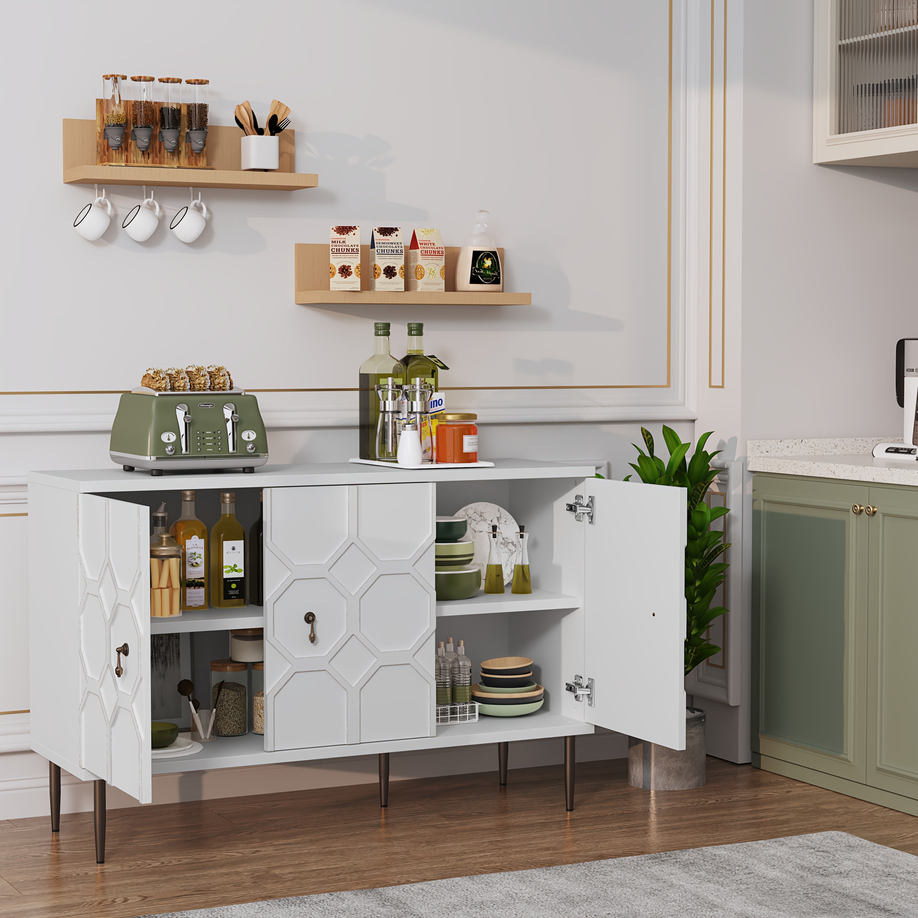 Sideboard Accent Buffet Cabinet With 3 Decorative Embossed Pattern Doors, Credenza Storage Cabinet For Living Room, Kitchen, Dining Room, Hallway