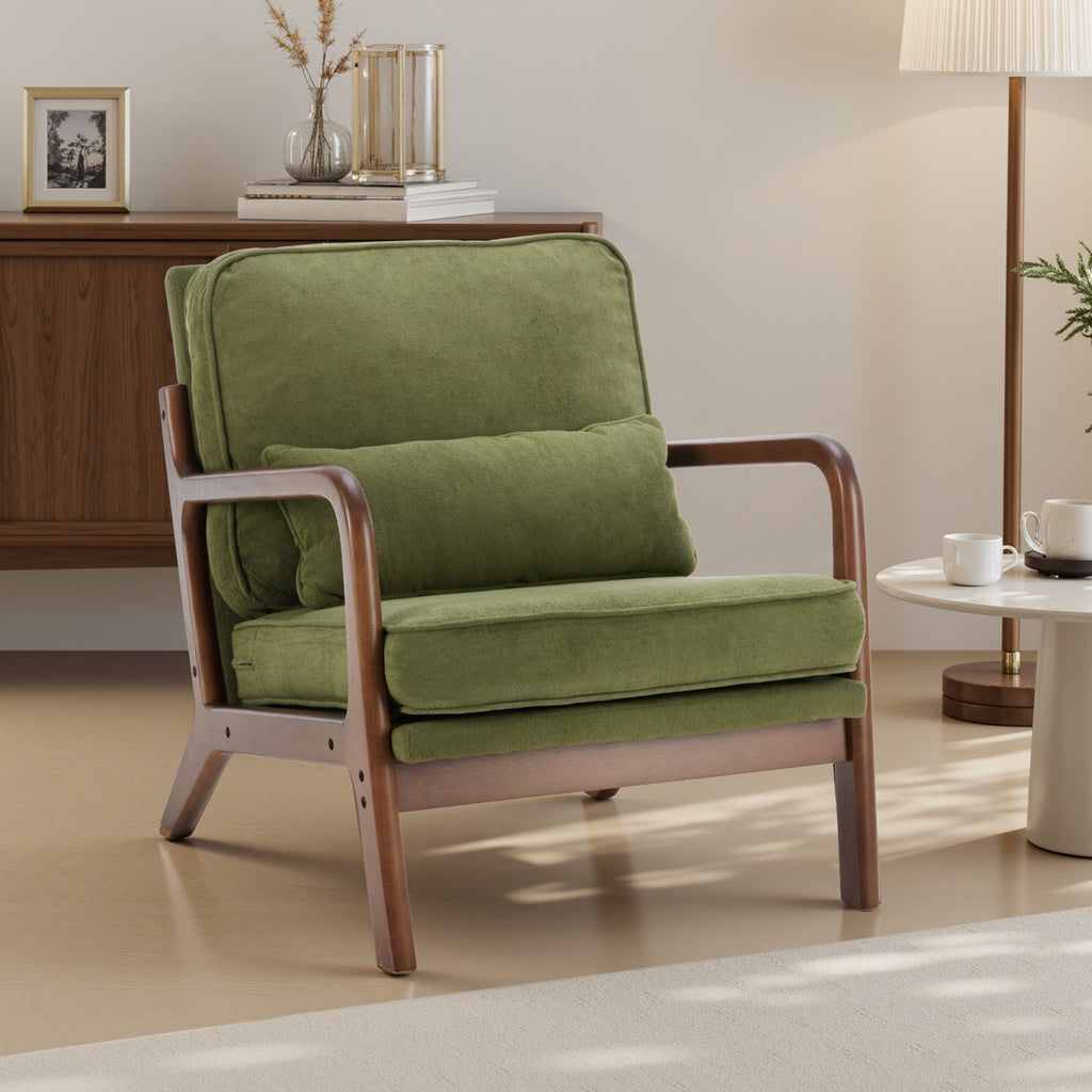 Mid-Century Modern Accent Chair with Arms and Cushion, Wooden Frame Plush Reading Lounge Chair for Living Room, Bedroom