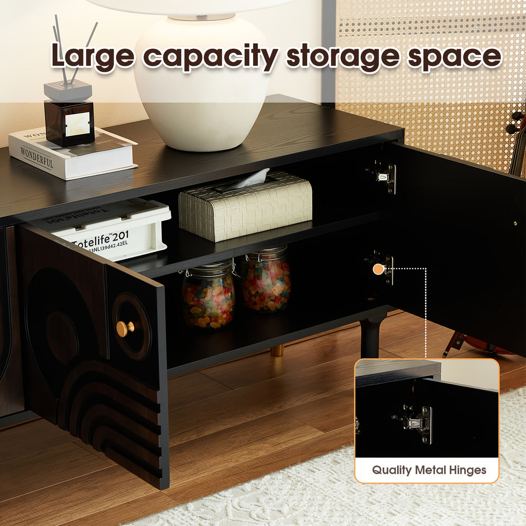 Mid-Century Modern TV Stand for 55+ Inch TVs - Black Entertainment Center with 4 Storage Cabinets, Minimalist Design, 70.87" Wide, 3.2+ Cubic Feet Capacity, 27" Height, 4-Wheel Mobility, No Power Needed, Durable Wood Construc