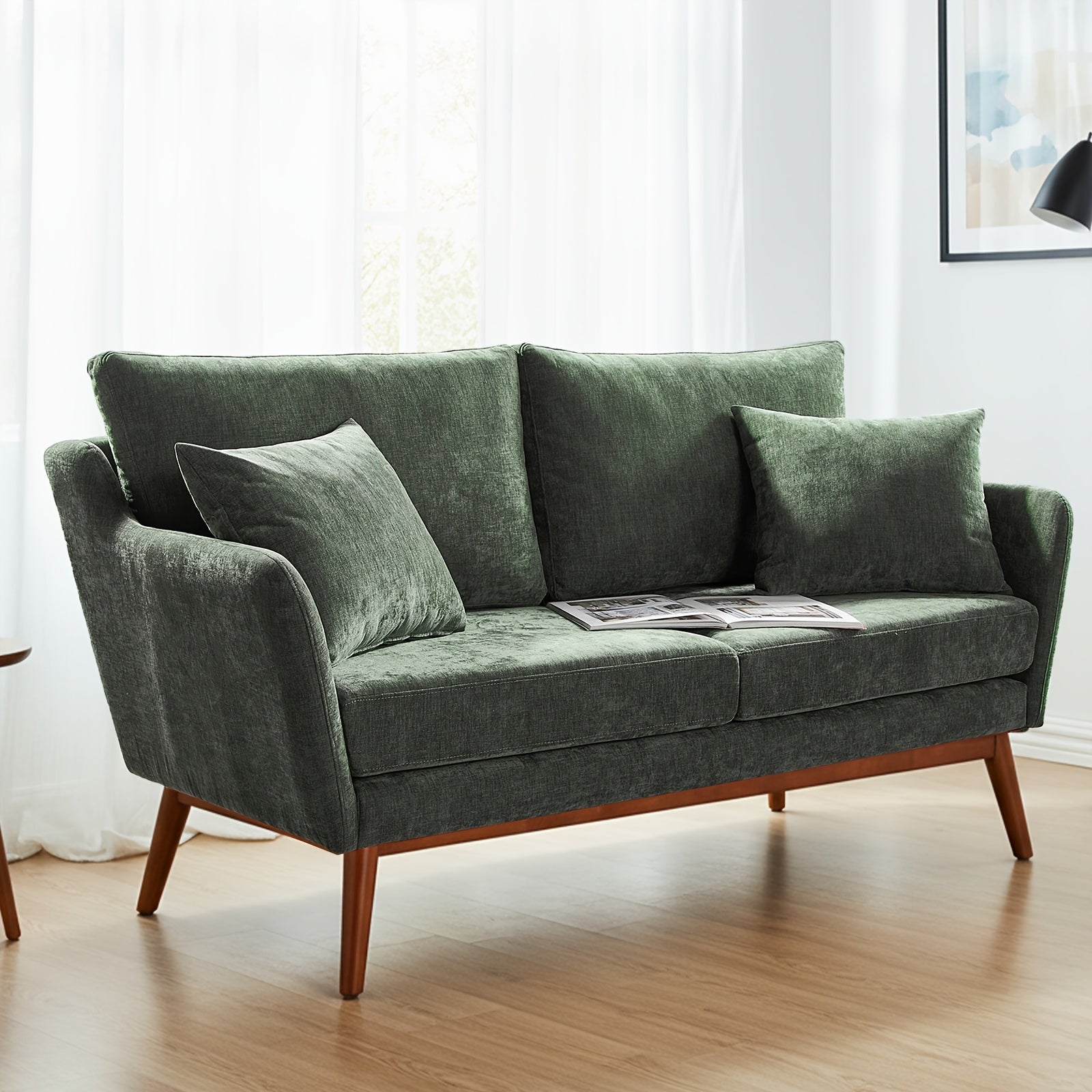 Love Seat Sofa with Solid Wood Frame & Linen Upholstery - Mid-Century Modern Minimalist Design, 2 Cushioned Seats & 2 Pillows