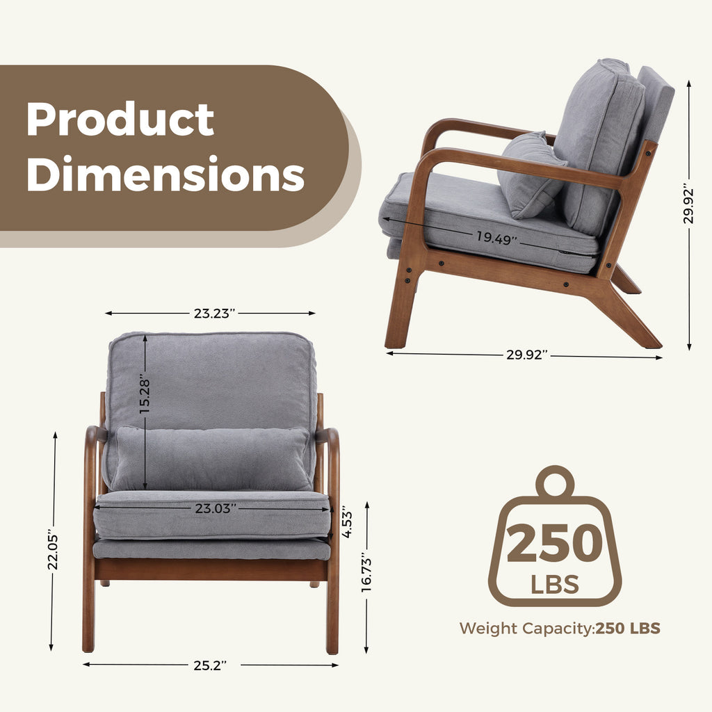 Mid-Century Modern Accent Chair with Arms and Cushion, Wooden Frame Plush Reading Lounge Chair for Living Room, Bedroom