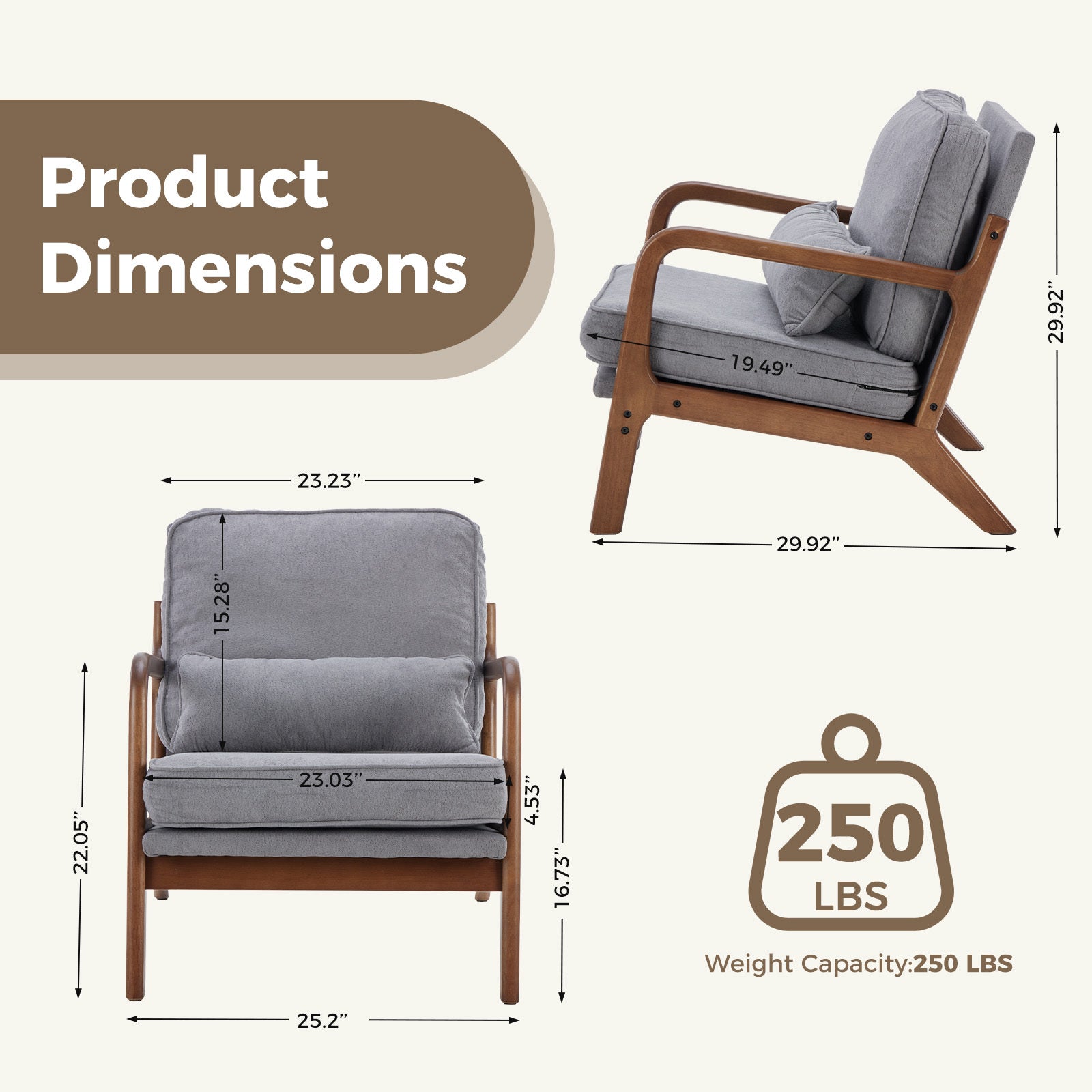 Mid-Century Modern Accent Chair with Arms and Cushion, Wooden Frame Plush Reading Lounge Chair for Living Room, Bedroom