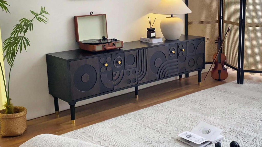Mid-Century Modern TV Stand for 55+ Inch TVs - Black Entertainment Center with 4 Storage Cabinets, Minimalist Design, 70.87" Wide, 3.2+ Cubic Feet Capacity, 27" Height, 4-Wheel Mobility, No Power Needed, Durable Wood Construc
