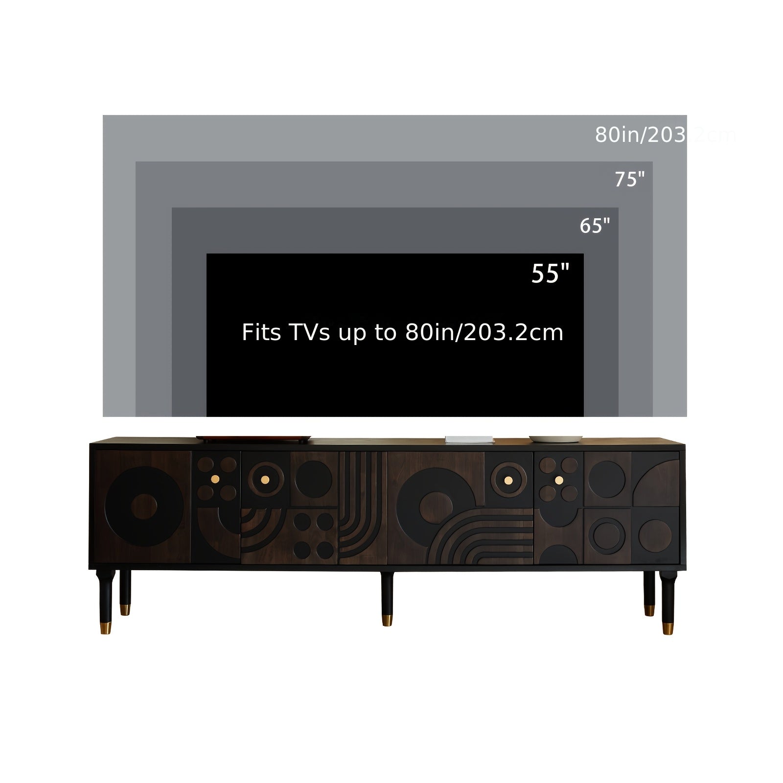 Mid-Century Modern TV Stand for 55+ Inch TVs - Black Entertainment Center with 4 Storage Cabinets, Minimalist Design, 70.87" Wide, 3.2+ Cubic Feet Capacity, 27" Height, 4-Wheel Mobility, No Power Needed, Durable Wood Construc