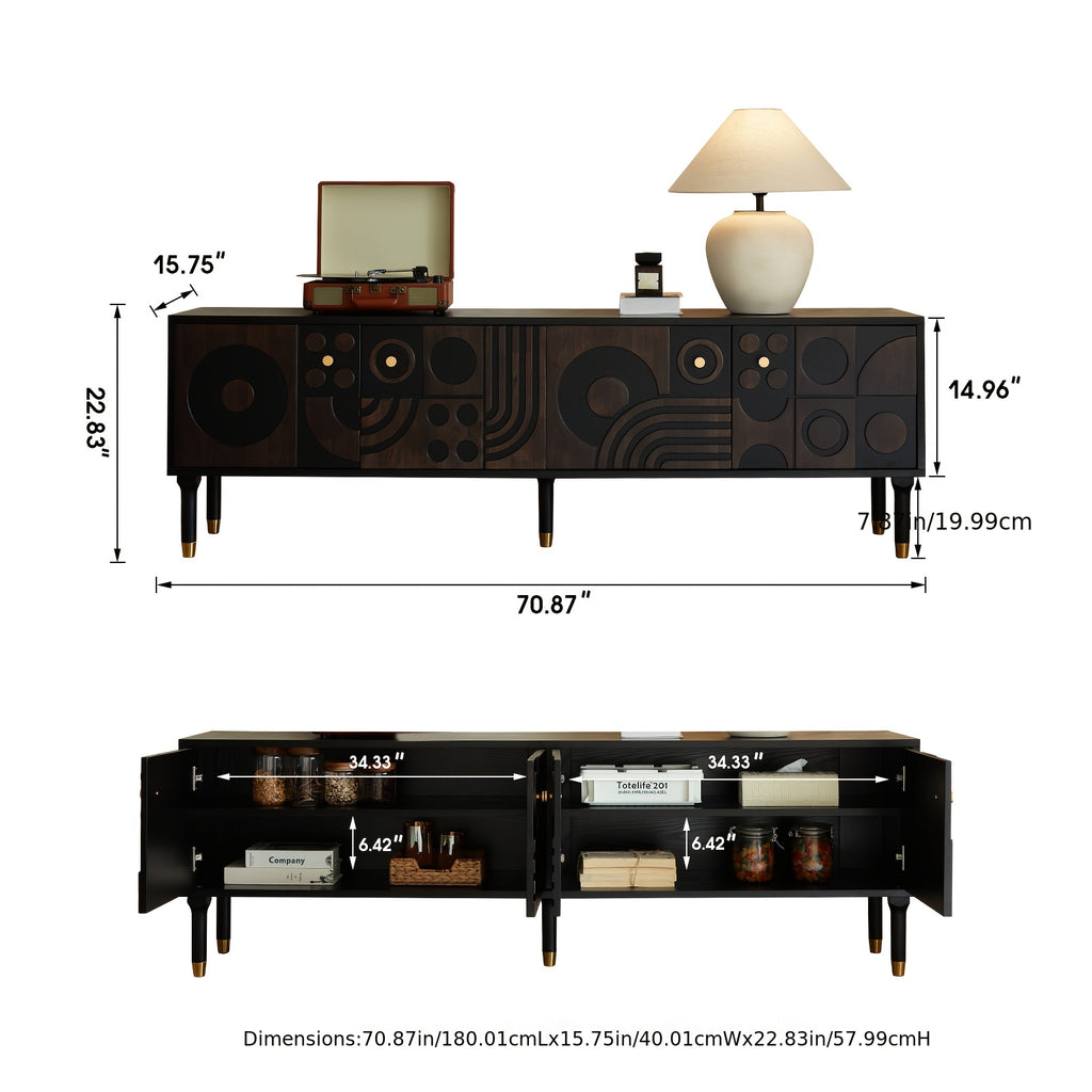 Mid-Century Modern TV Stand for 55+ Inch TVs - Black Entertainment Center with 4 Storage Cabinets, Minimalist Design, 70.87" Wide, 3.2+ Cubic Feet Capacity, 27" Height, 4-Wheel Mobility, No Power Needed, Durable Wood Construc