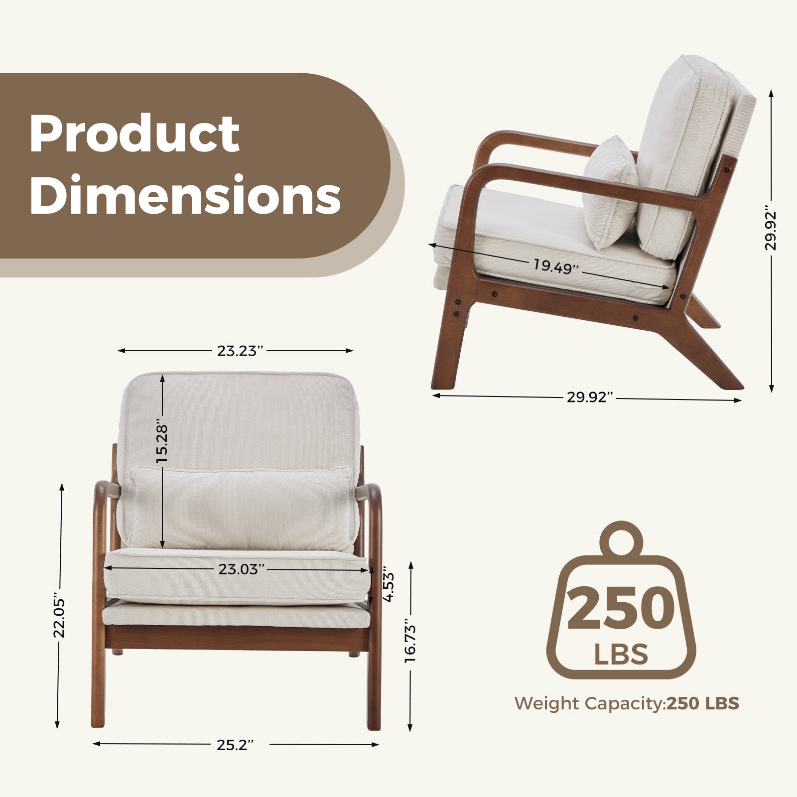 Mid-Century Modern Accent Chair with Arms and Cushion, Wooden Frame Plush Reading Lounge Chair for Living Room, Bedroom
