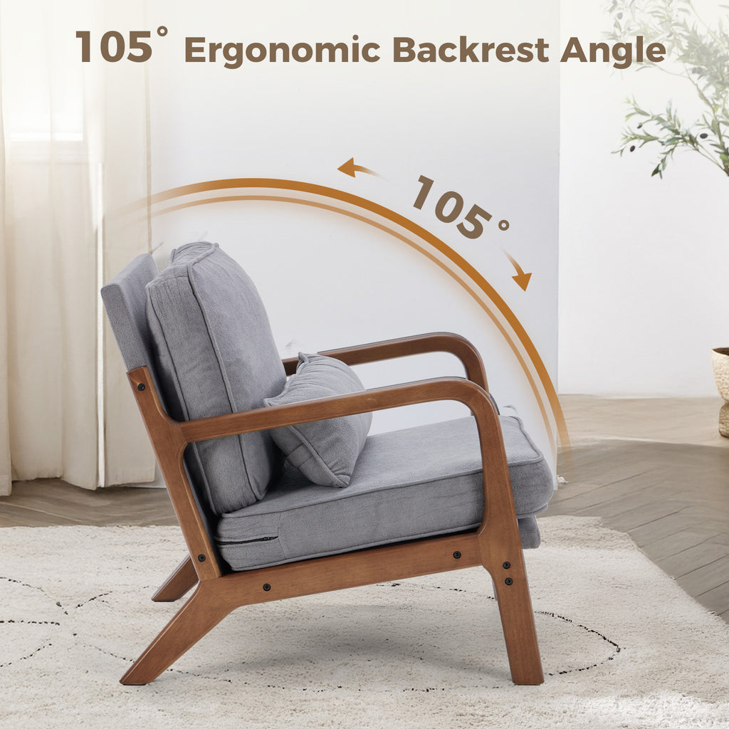 Mid-Century Modern Accent Chair with Arms and Cushion, Wooden Frame Plush Reading Lounge Chair for Living Room, Bedroom