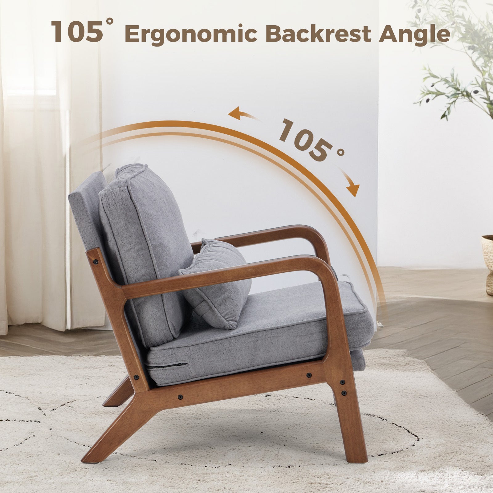 Mid-Century Modern Accent Chair with Arms and Cushion, Wooden Frame Plush Reading Lounge Chair for Living Room, Bedroom