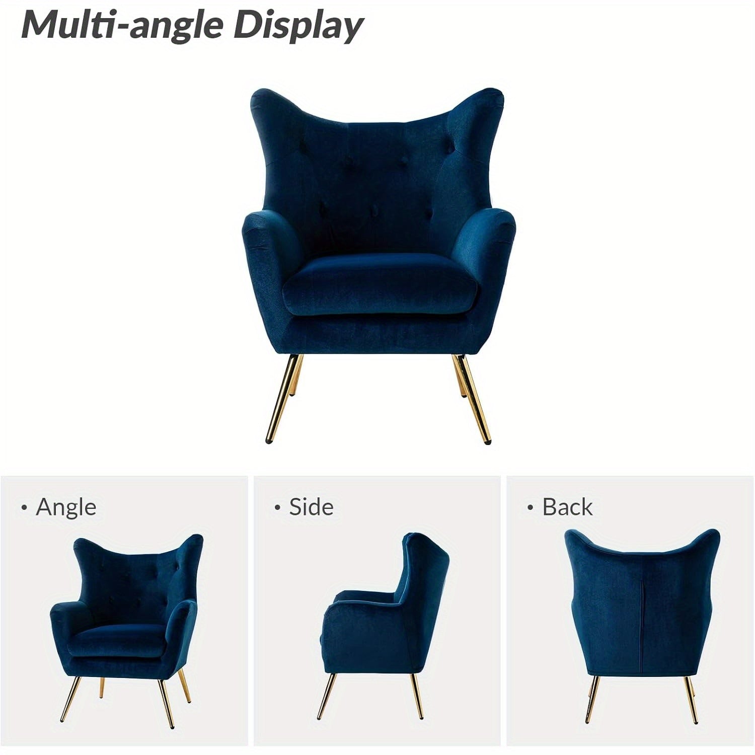 Modern Velvet Wingback Arm Chair with Golden Metal Legs - Tufted Upholstered Accent Chair in Blue/Yellow, Wood Frame, Perfect for Living Room, Bedroom, or Dining Room, Chair for Living Room