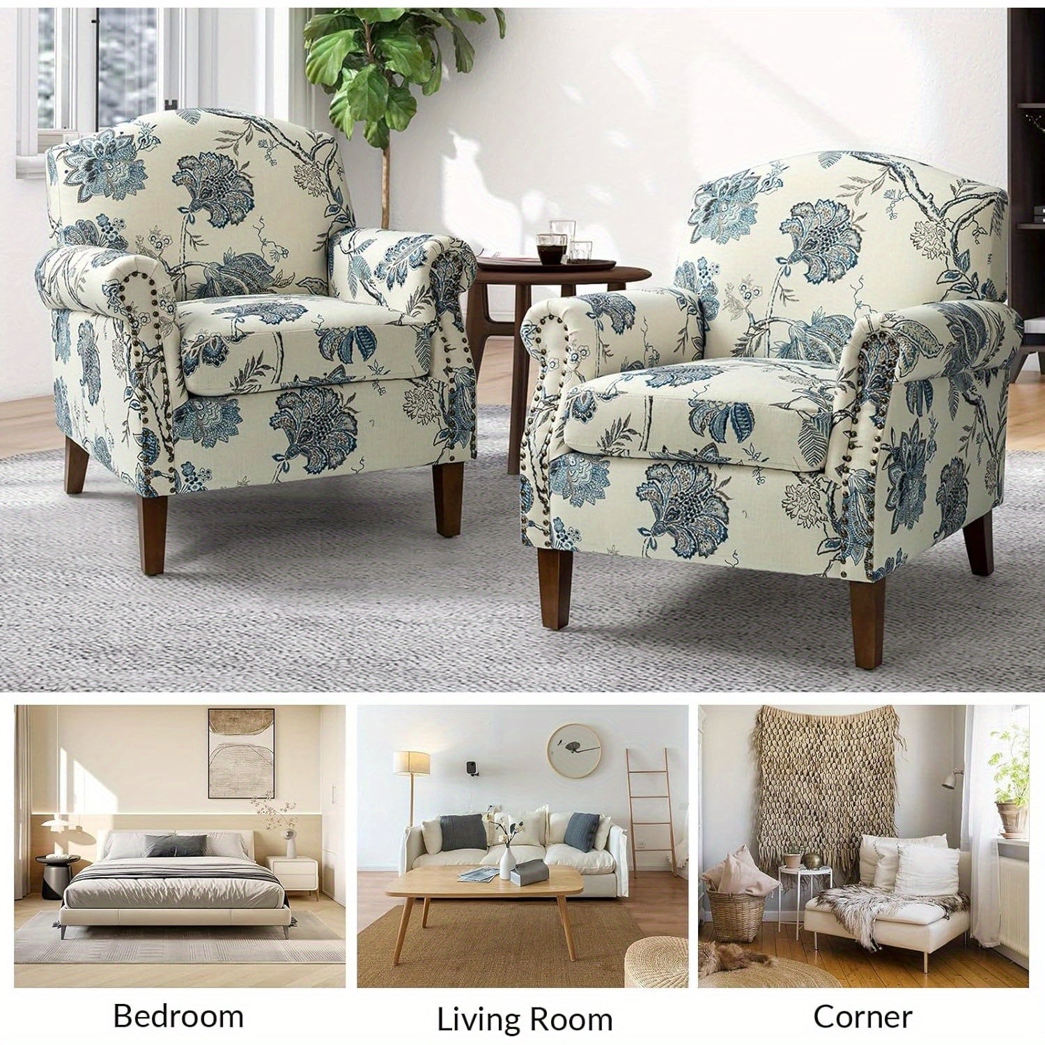 Modern Accent Chair w/ Wood Legs & Removable Cushion | Comfy Upholstered Armchair with Nailhead Trim, Floral Design, Color, HULALA HOME - Ideal for Reading, Office, Living Room
