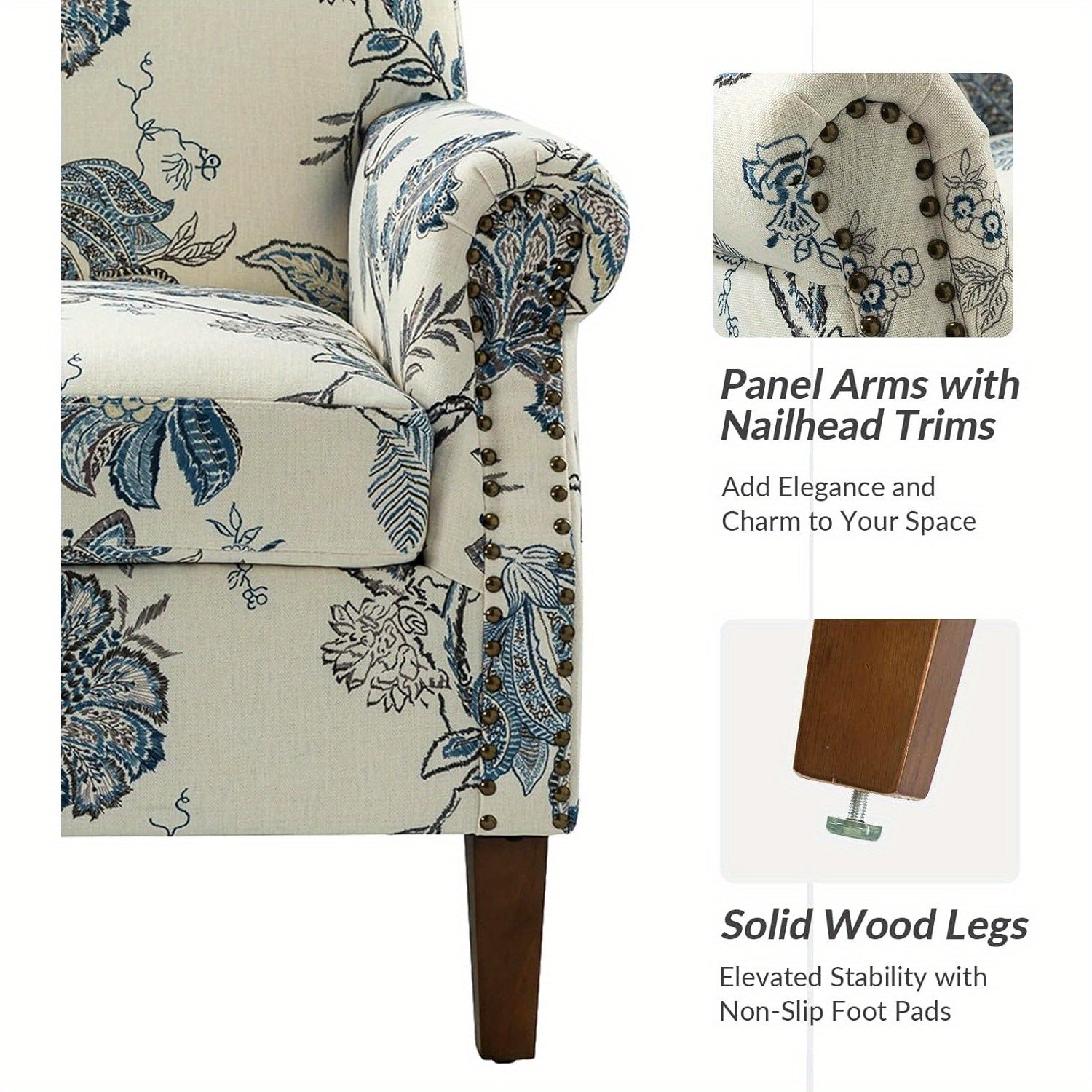 Modern Accent Chair w/ Wood Legs & Removable Cushion | Comfy Upholstered Armchair with Nailhead Trim, Floral Design, Color, HULALA HOME - Ideal for Reading, Office, Living Room